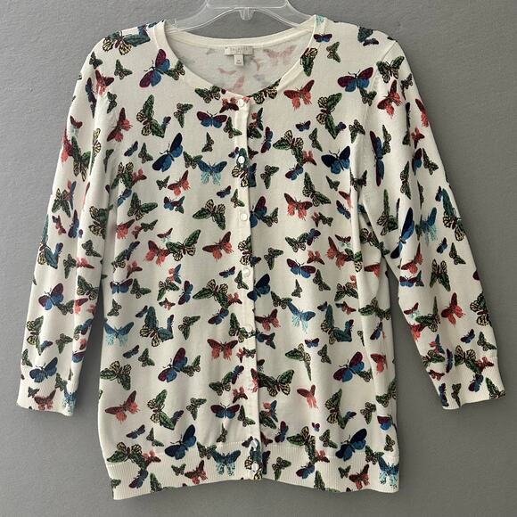 Talbots Butterfly Print Cardigan Cotton 3/4 Sleeve Sweater Size Medium - Picture 1 of 10